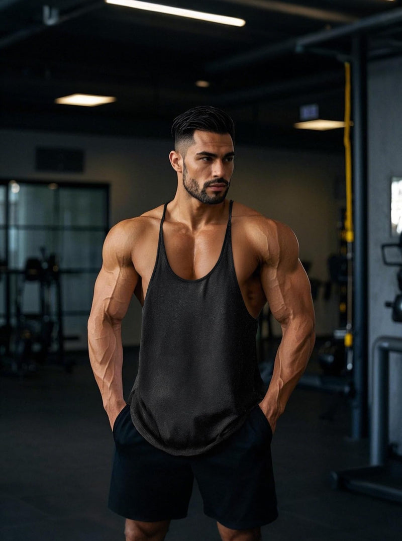 Mens Stringer Bodybuilding Tank Tops Y Back Gym Workout Training Stretch Polyester Quick Drying Low Cut Muscle Shirt Usa/Black/Black/Black Medium - BeesActive Australia