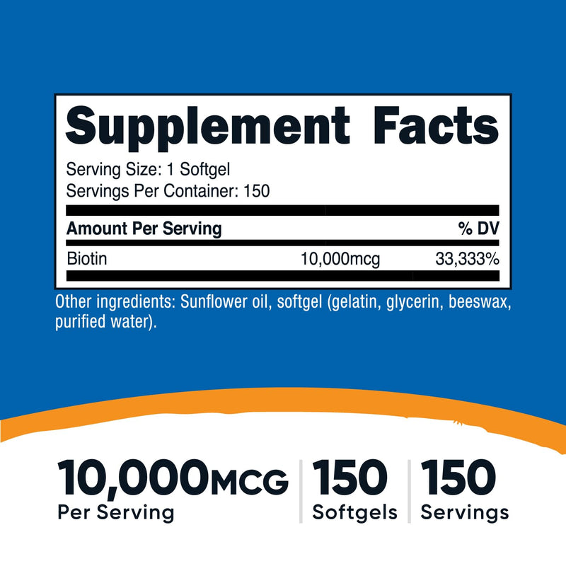 Nutricost Biotin (10,000mcg) 150 Softgels - Gluten Free, Non-GMO
