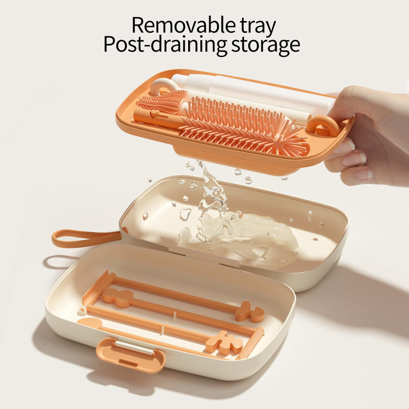 7in1 travel bottle cleaner kit,baby essentials, with Bottle brush、Nipple brush、Straw cleaner brush、Soap dispenser、Bottle drying rack、Drainage tray、Storage box,baby travel essential (White) White - BeesActive Australia