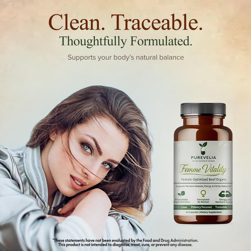 Femme Vitality™ 60 Count Female-Optimized Beef Organs Capsules, Supports Hormone Balance, Energy, and Vitality Female Optimized Beef Organs - 60 Capsules