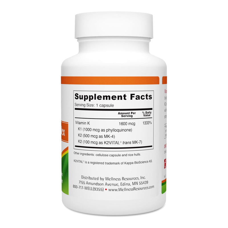 Wellness Resources Vitamin K Complex Supplement - 600 mcg Vitamin K2 (as MK-4 and Trans MK-7) and 1000 mcg K1- Bone Strength and Heart Health - K2 Vitamin Supplement - 90 Capsules Non-GMO