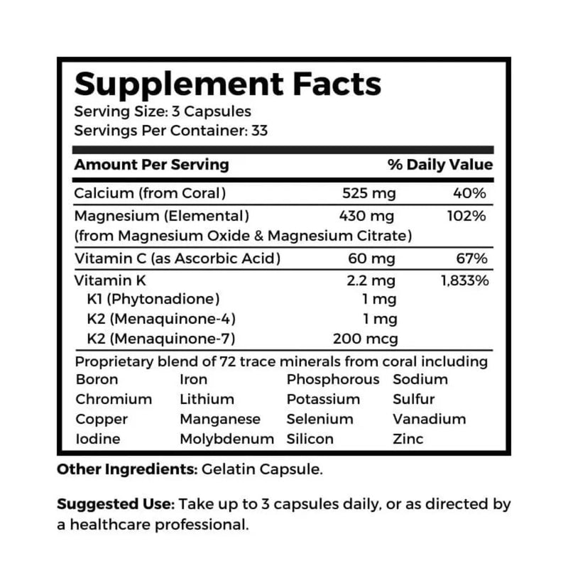 Dr. Clark Store Coral Cal-Mag K2 993mg, Calcium & Magnesium Supplement for Women and Men, 100 Gelatin Capsules, 33 Servings, Supports Bone Health & pH Balance, 72 Trace Minerals & Vitamin K2