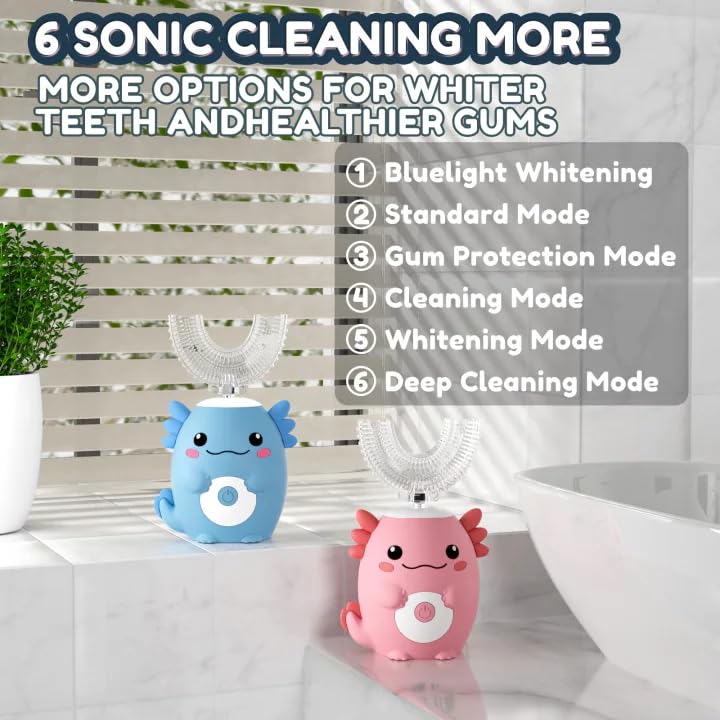 Kids Electric U Shaped Automatic Toothbrush,Cute Axolotl-Age 2-15 Pink Pink Axolotl(age2-15)
