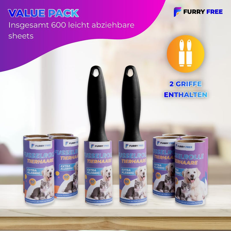 Furry Free lint roller animal hair extra strong - 600 sheets lint roller set - lint roller clothing, floor etc - lint rollers large pack xxl 10 lint roller attachments of 60 sheets each. & 2 lint roller holders - BeesActive Australia