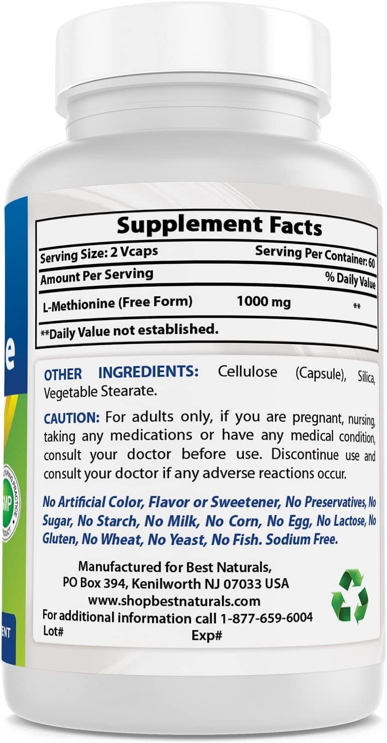 Best Naturals L-Methionine 500 mg 120 Veggie Capsules 120 Count (Pack of 1)