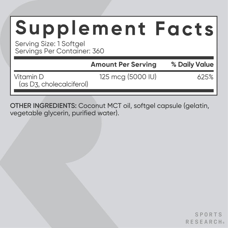 Sports Research Vitamin D3 5000 IU with Coconut MCT Oil - High Potency Vitamin D Supplement for Immune & Bone Support - Non-GMO Verified, Gluten & Soy Free – 125mcg, 360 Liquid Softgels 360 Count (Pack of 1) - BeesActive Australia