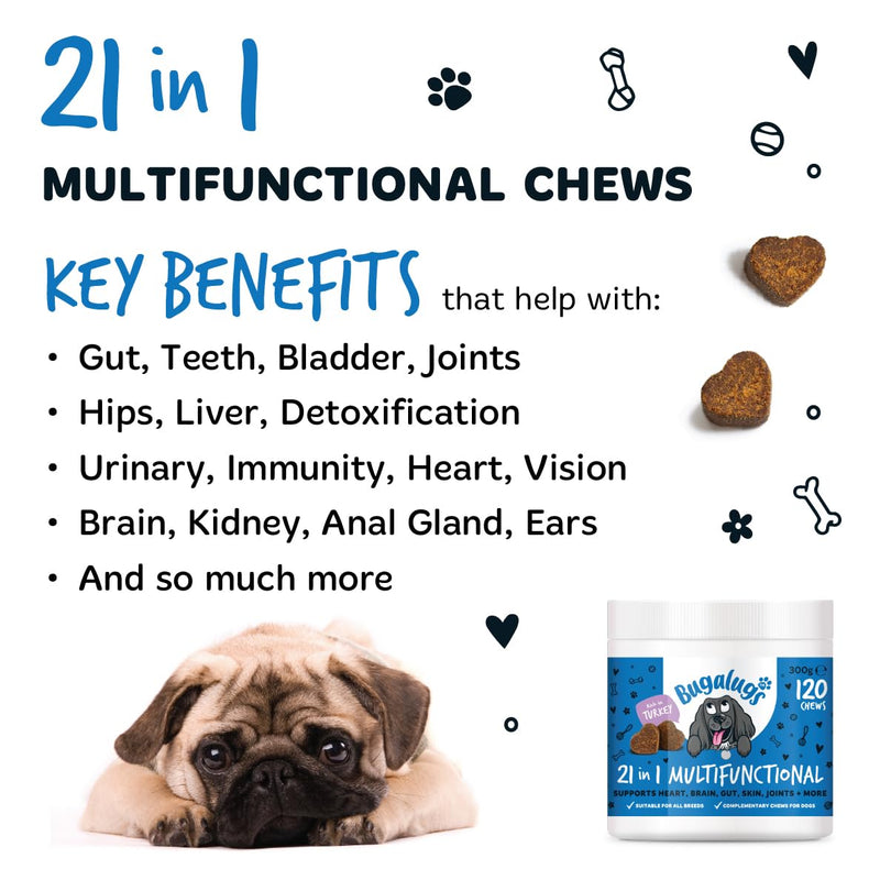 BUGALUGS 21 in 1 Multifunctional Dog Treats – Helps Gut, Teeth, Bladder, Joints, Calming, Relax & Itchy Skin - Perfect for Small, Medium & Large Dogs -120 chews