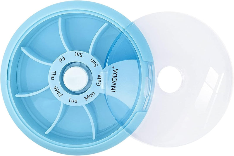 2PCS Portable Mini 7 Day Weekly Circular Shape Rotary Pill Storage Case Box | Small Pill Case Cute Pill Box 1 Time A Day for Pills Medication Supplements Vitamin Blue 2pcs