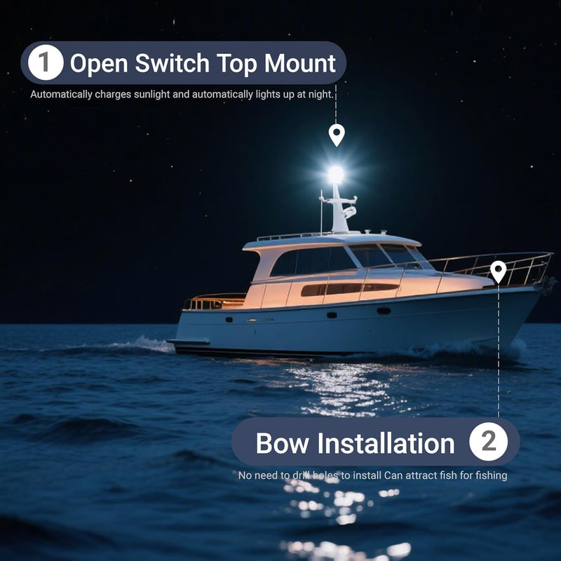 LED Anchor Light for Boat Yacht, Solar Navigation Lamp, Marina Dock Barge Safety Beacon Lights, Strobe Warning Light, Magnetic & Suction Mount, Auto On/Off, for Boats Factory Dock, White