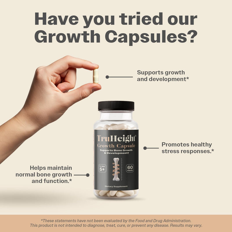 TruHeight Growth Capsules - Tall Nutrition for Natural Growth Supplement for Kids & Teens - Pediatric Vitamin D, K, Calcium & Ashwagandha - Bone Strength - Kids Vitamins D3 K2 Pills, Taller Ages 5+ 60 Count (Pack of 1)