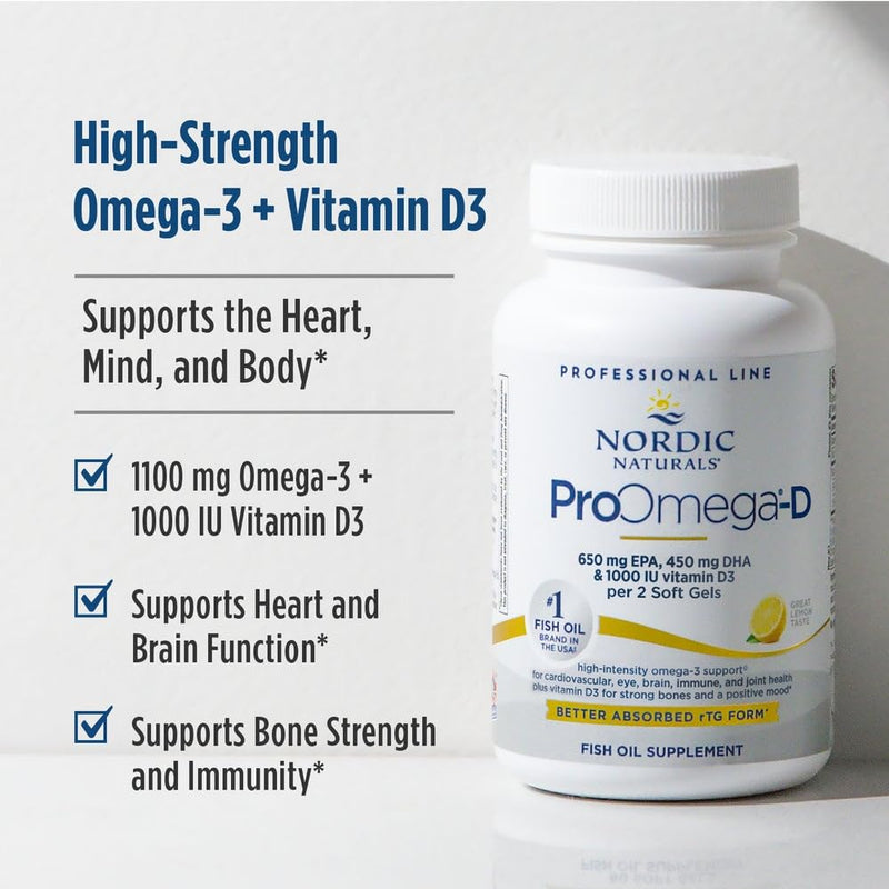Nordic Naturals ProOmega-D Fish Oil, 1280 mg + 1000 IU D3-120 Softgels | High-potency EPA & DHA fish oil plus vitamin D3 for brain, eye, heart & immune health. 1280 mg omega-3 + 1000 IU D3. Non-GMO Lemon 120 Count (Pack of 1)
