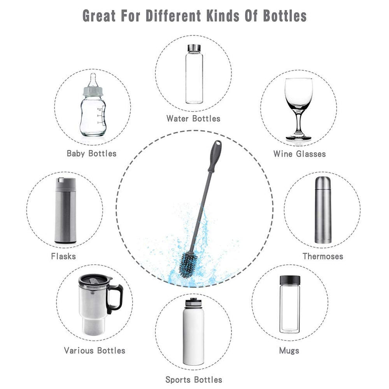 Silicone Bottle Cleaning Brush with Long Handle, 12.5" Water Bottle Cleaner for Baby Bottles, Hydro Flask, Sports Bottle, Vase, Glassware, Perfect for Smaller Diameter Bottle Openings (One Pack) Gray - BeesActive Australia