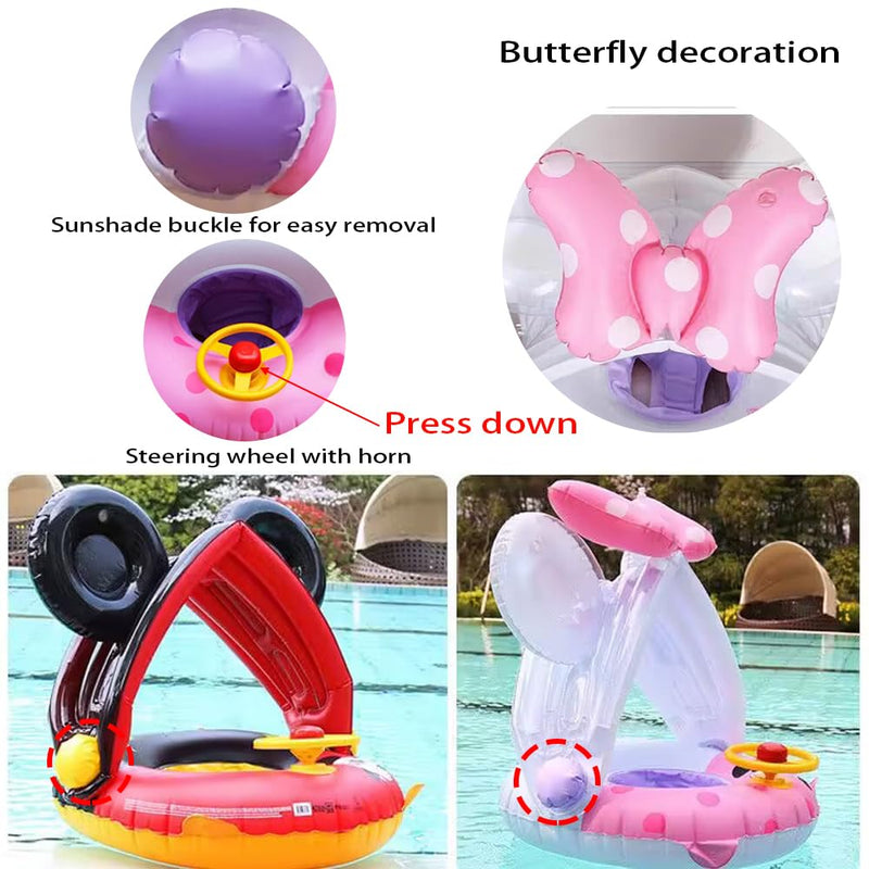 Arcimatto Baby Swimming Pool Floats with Removable Sun Protection Canopy, Cute Inflatable Raft with Seat and Handle, No Flip Over Kids Infants Boat Swim Ring for Toddlers 8-36 Months Pink Mouse - BeesActive Australia