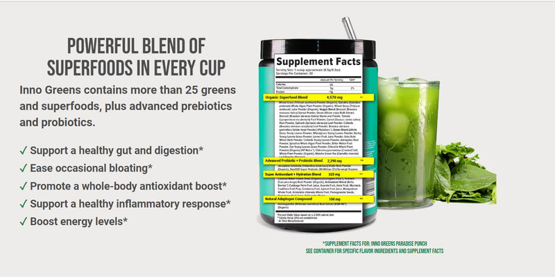 Inno Greens | 28+ Organic Greens & Superfoods | Advanced Prebiotics + Probiotics | Super Antioxidant + Hydration | Spirulina, Chlorella, Ashwagandha | Natural | 30 Servings (Strawberry Banana) Strawberry & Banana