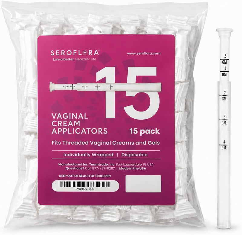 Seroflora Disposable Vaginal Cream Applicators - Fits Premarin, Estrace, Preseed, and Most OTC Gels, Lubricants, and Creams - Threaded End, Comfort Tip, and Dosage Markings (15 Pack) Made in USA.
