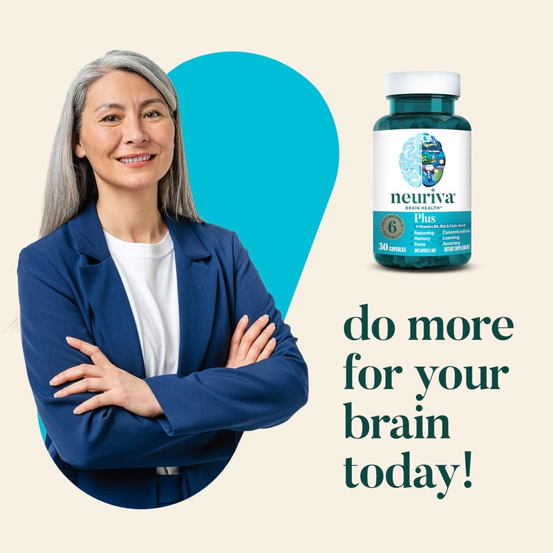 NEURIVA Plus Brain Supplement for Memory, Focus & Concentration + Cognitive Function with Clinically Tested Nootropics Phosphatidylserine and Neurofactor, VIT B6 & B12, 30 Count Capsules (2 Pack) 30 Count (Pack of 2)