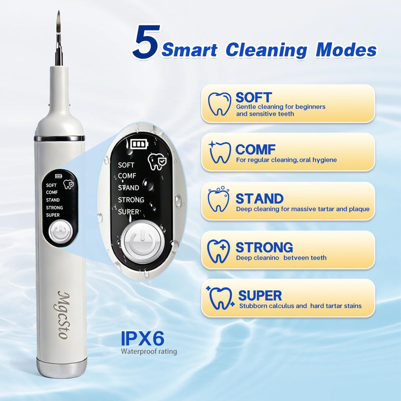 Ultimate Electric Teeth Cleaner - Ultrasonic Tooth Cleaning, Violet Light Protection, 316F Stainless Steel Heads, 5-Speed Modes, IPX6 Waterproof, Oral Care Kit with 7 Accessories‌ (White)