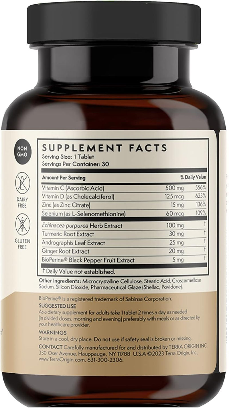 TERRA ORIGIN Immune Support Supplement | 60 Tablets | Immune System Booster for Adults* | BioPerine, Vitamin C, D, Zinc, Echinacea | Non GMO, Gluten Free, Dairy Free, Made in USA 60 Count (Pack of 1)