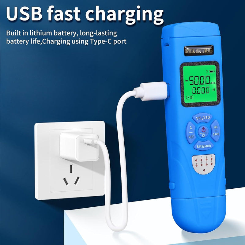 Rechargeable Fiber Optic Power Meter L-C50 (-50 - +26 dBm) Mini Fiber Optic Cable Tester SC/FC/ST 2.5mm Universal Interface, Integrated OPM VFL LED RJ45 Functions, with 1 FC-LC Adapter (OPM-VFL-50) blue L-C50 50 - BeesActive Australia