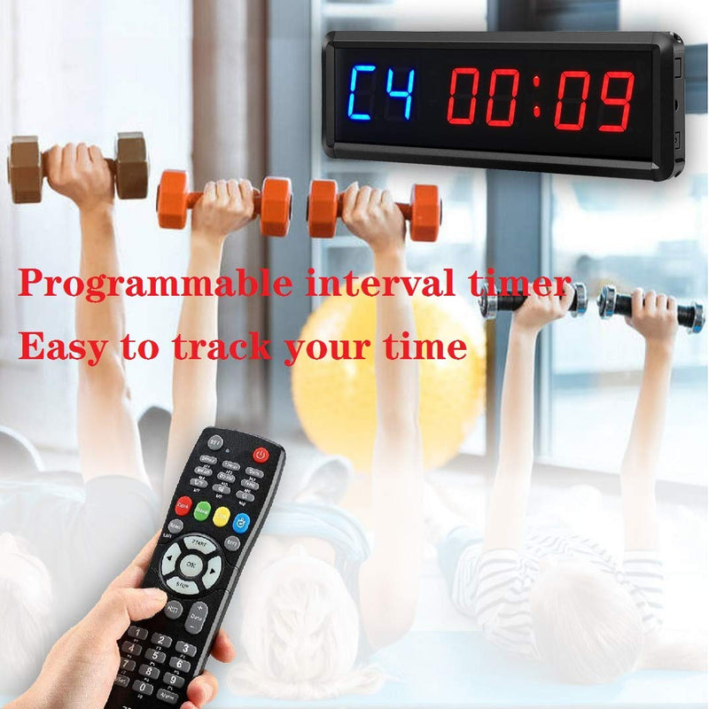 Gym Timer Clock Digital Interval Tabata Workouts Fitness Wall Small with Remote Home Garage Office Jujitsu School Referee Studio Church Service (Two Blue+Four Red 1.5") Two Blue+four Red 1.5"