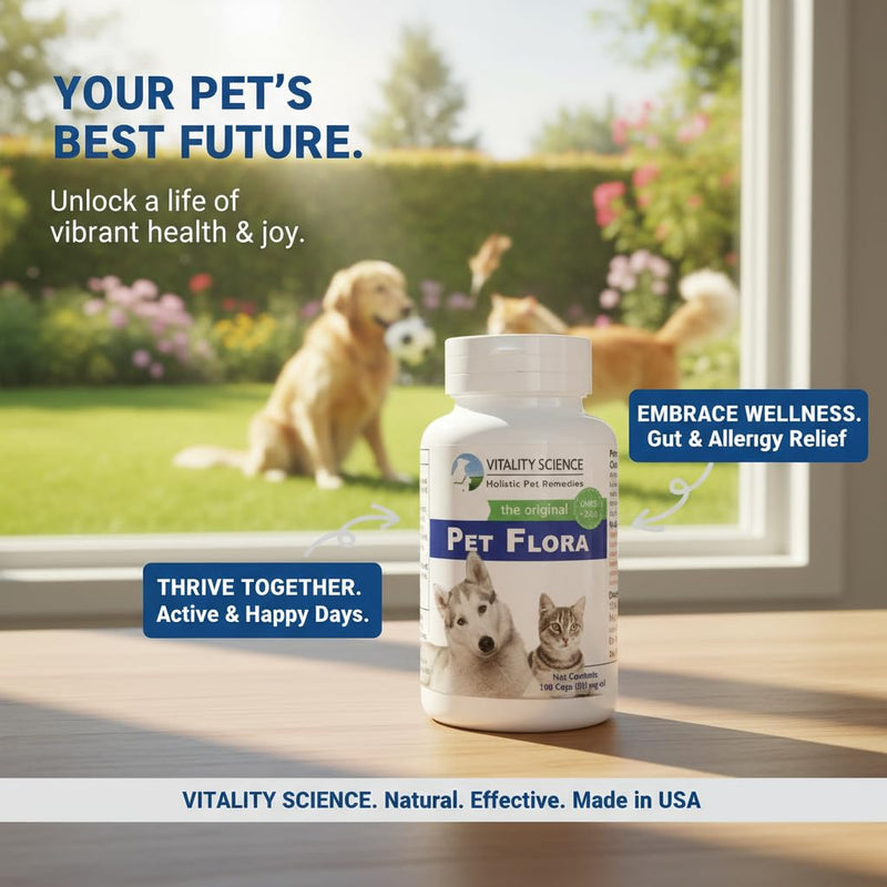 Vitality Science Pet Probiotic for Cats & Dogs | Pet Flora - Great for Diarrhea, Vomiting, Gas, Skin Conditions - Additive Free (50 Caps) 50 Caps