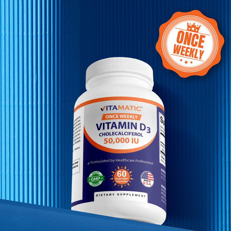 Vitamatic 3 Pack Vitamin D3 50,000 IU (as Cholecalciferol), Once Weekly Dose, 1250 mcg, 60 Veggie Capsules 1 Year Supply, Progressive Formula Helping Vitamin D Deficiencies | Supports Bone, Teeth & Immune Health*, Non GMO, Gluten Free, Made in USA