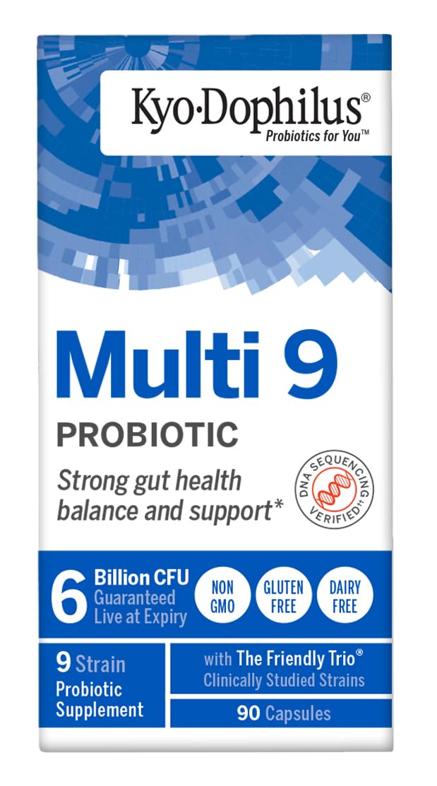 Kyolic Kyo-Dophilus Multi 9 Probiotic, 90 Capsules | Gluten-Free 6 Billion CFU Multi-Strain Blend of Nine Probiotic Strains for Healthy Gut Flora and Microbiome Support 90 Count (Pack of 1)