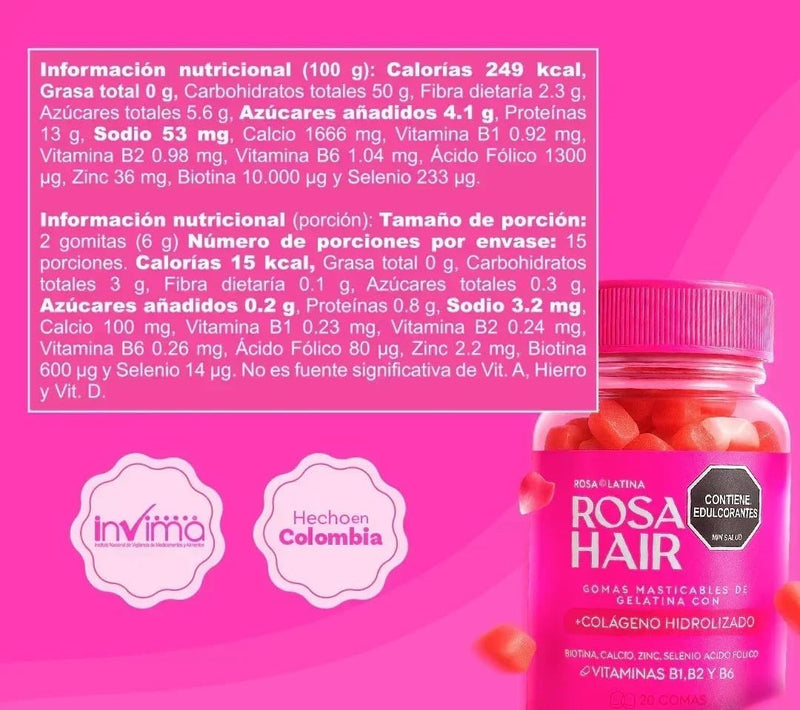 SHAEIO ROSA Latina Rosa Hair Gomitas Colombianas | Vitaminas para el Cabello Biotin Gummies | Colageno Hidrolizado for Women | Hair Growth Gummies | Cabello & Uñas Fuertes y Saludables