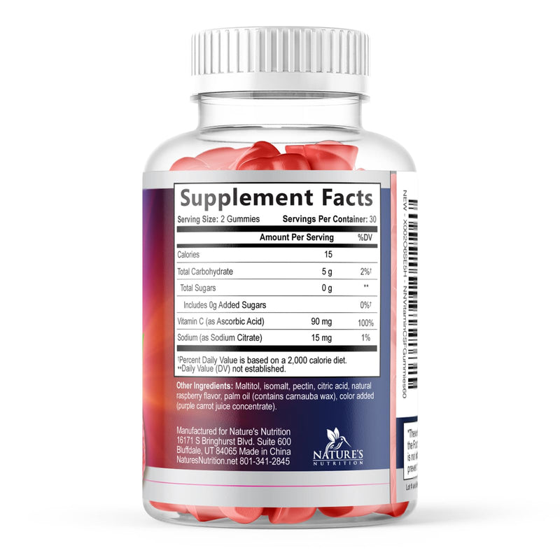 Zero Sugar Vitamin C Gummies - Immune Support & Antioxidant VitaminC Dietary Supplement - Vegan, Non-GMO, Dairy & Gluten Free C Vitamin Gummy - Raspberry Flavor for Kids & Adults - 60 Count Gummies 60 Count (Pack of 1)