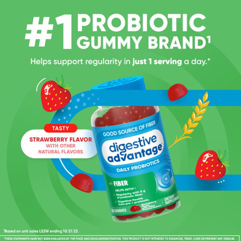 Digestive Advantage Prebiotic Fiber Supplement Strawberry Flavor Gummies with Probiotics for Women & Men Digestive Health, Adults Regularity and Gut Health, 60 Count (2 Pack) 2