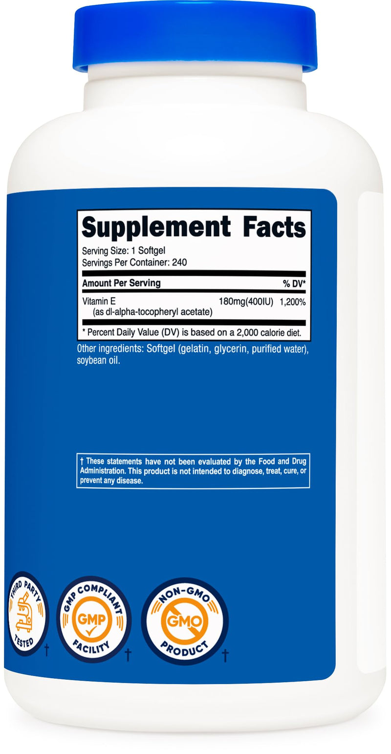 Nutricost Vitamin E 400 IU, 240 Softgel Capsules - Gluten Free, Non-GMO 240 Count (Pack of 1) - BeesActive Australia