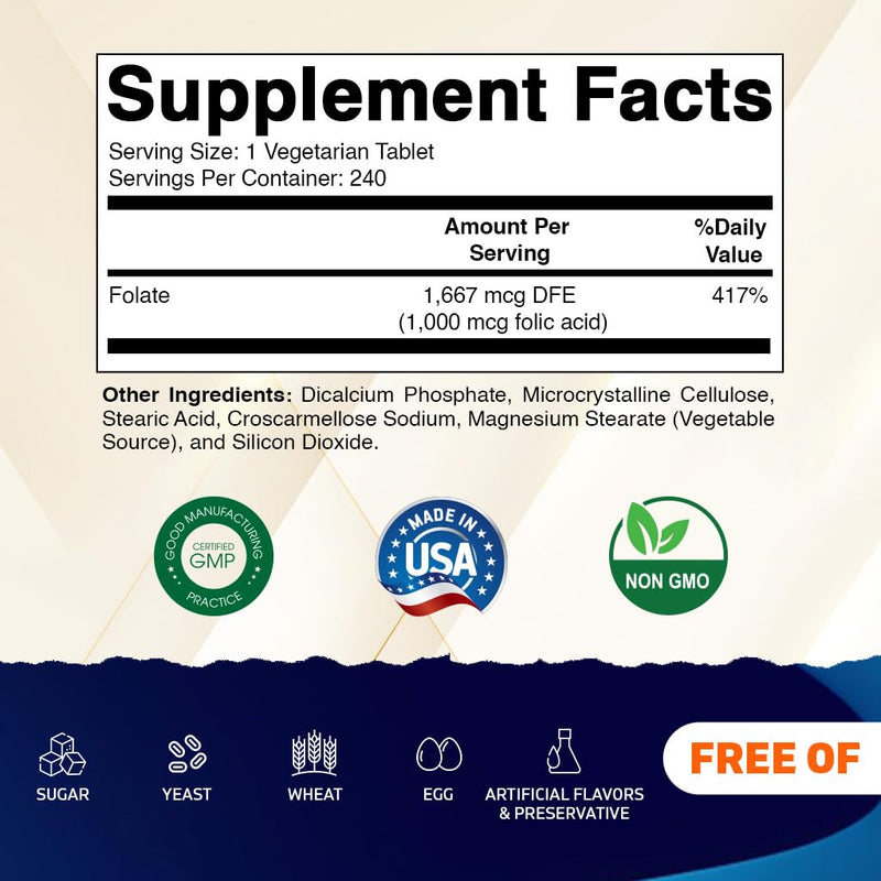 Vitamatic Folic Acid 1000 mcg (1 mg), 240 Vegetarian Tablets | Vitamin B9 | 1667 mcg DFE Folate, Support Healthy Cell Growth*, Red Blood Cell Formation*, Gluten Free, Non-GMO, Made in USA 240 Count (Pack of 1)