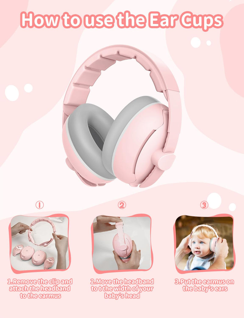 Baby Ear Muffs, 2-in-1 Baby Noise Canceling Headphone, Hearing Protection for Babies 0-48 Months, Adjustable Headband Pink