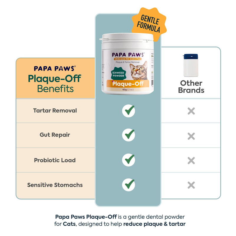 Plaque-Off Cat Dental Powder, Scottish Seaweed Tartar Remover Food Topper with Probiotics & Digestive Enzymes, Fresh Breath Support – 60g (2.1oz) Jar with Spoon For Cats