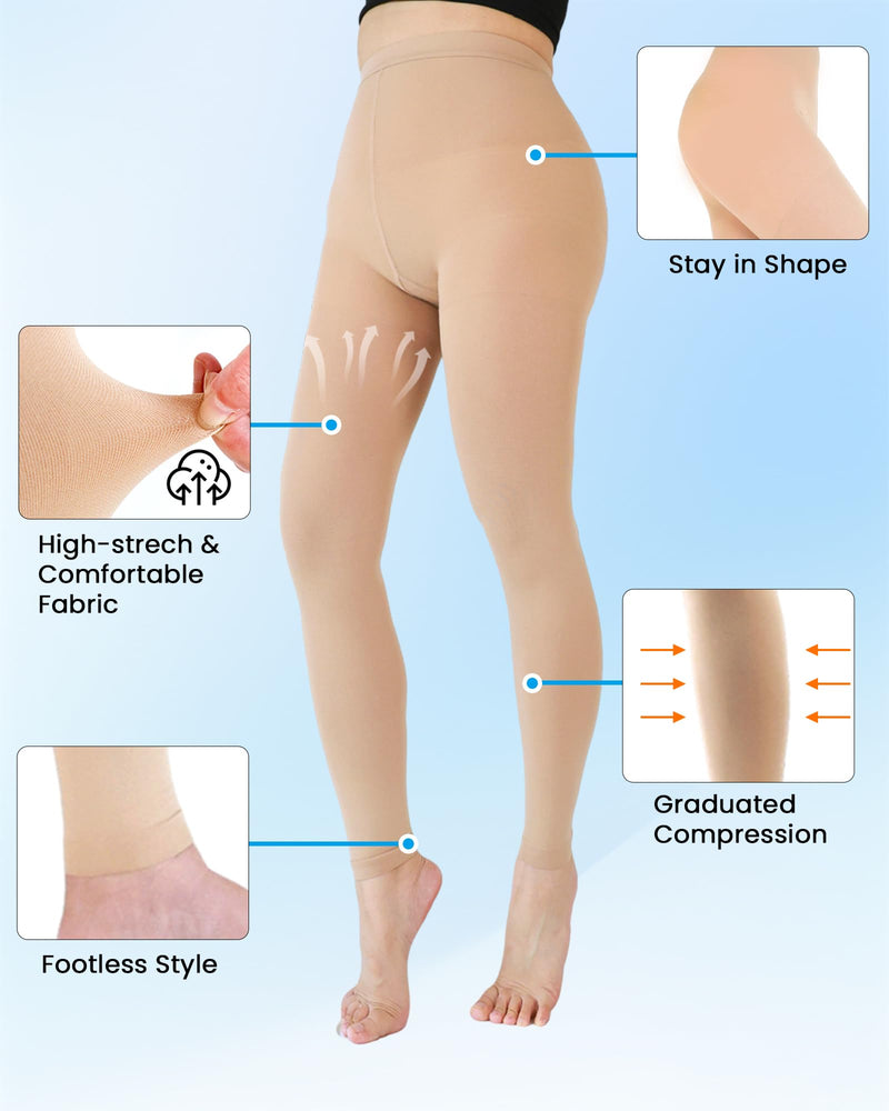 Medical Compression Leggings for Women, 15-20 mmHg Compression Pantyhose Large Beige