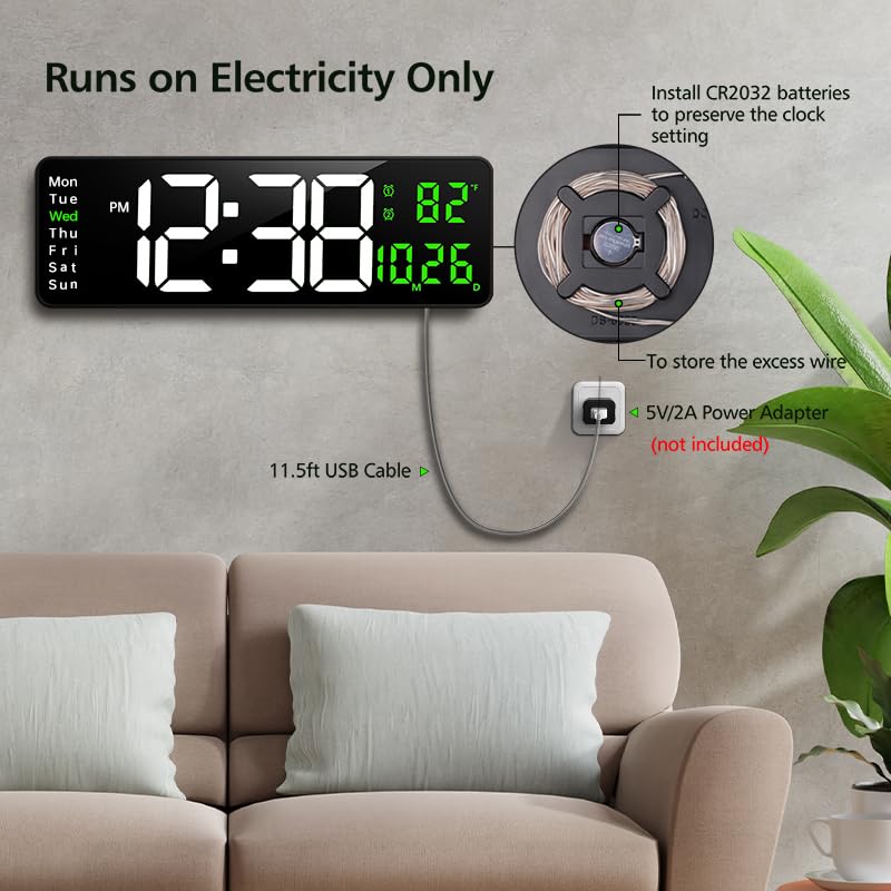 Zgrmbo 16-inch Digital Wall Clock with Remote Control, Large Display Digital Clock with Date, Indoor Temp, Week, 12/24H, Auto Dimming, A Wall Clock Suitable for Living Room, Warehouse, Shop, Gym White & Green