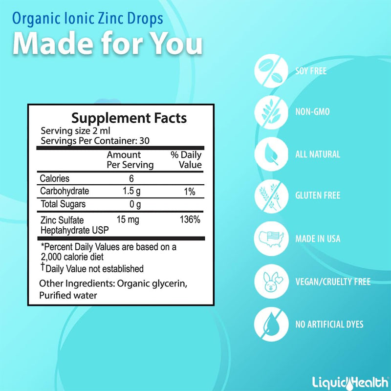 LIQUIDHEALTH USDA Organic Ionic Zinc High Potency Drops - Trace Mineral Liquid Vitamin Supplement for Adults & Kids - Immune & Digestive Support, Skin & Wound Health - USA Made, Vegan, Non-GMO (2 oz) 2 Fl Oz (Pack of 1)