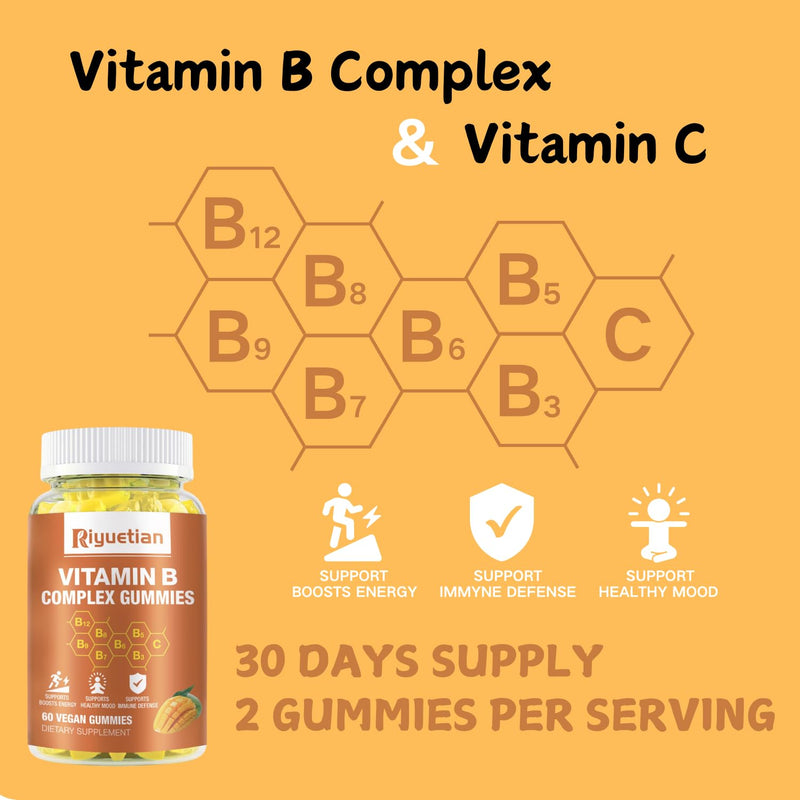 Vitamin B Complex Gummies with Biotin,Choline + Inositol, Vitamin C + Zinc for Supports Energy, Brain, Mood, Immune, Healthy Hair, Skin - Natural Mango Flavor - Vegan Diet - 120 Vegan 60 Count (Pack of 2)