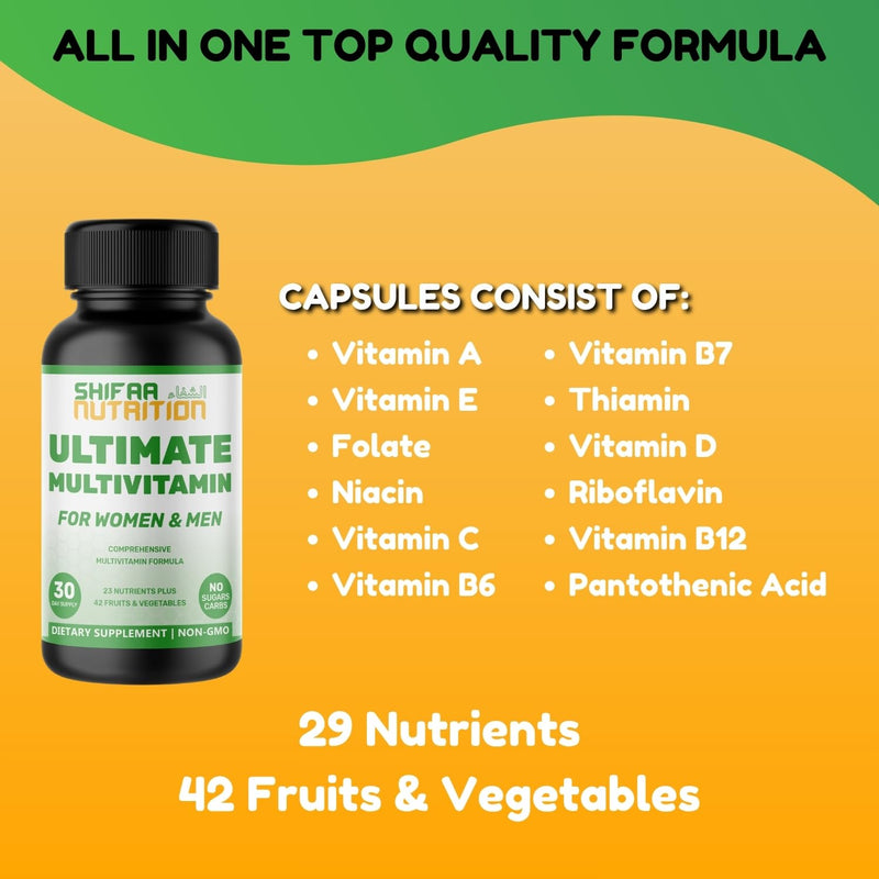 SHIFAA NUTRITION Halal Multivitamins for Women, Men & Adults, 30 Servings | Iron, Vitamin A, B6, B12, Biotin, Niacin, C, D3, E, Zinc, Calcium, Folic Acid, CoQ10 | Halal Vitamins 60 Count (Pack of 1)