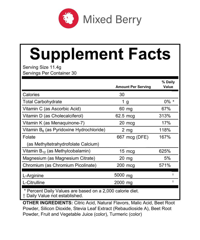 L-Arginine Complete, Mixed Berry - 5000mg L Arginine, Nitric Oxide Booster, Natural Supplement, Increases Energy and Endurance - BeesActive Australia