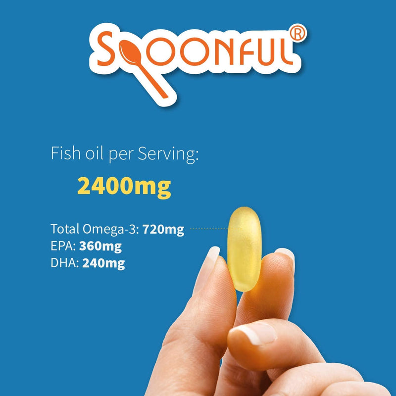 Spoonful Omega 3 Fish Oil Enteric Coated 2400mg, 200 Capsules, Burpless, Rapid Release Softgel Capsules, Made in USA, NSF-Certified