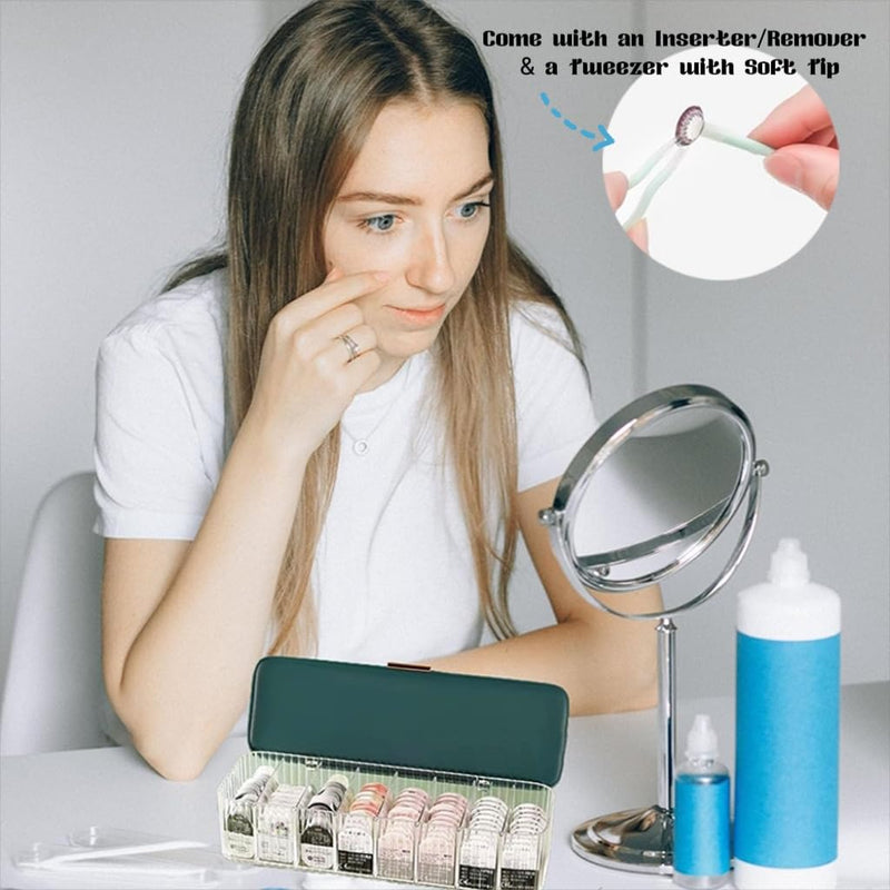 P-80 Daily Contact Lens Organizer with Remover & Tweezer, Disposable Lens Dispenser, Clear Plastic Box for All Brands (Blue) BLUE