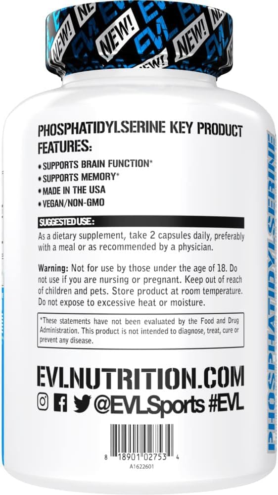 EVL Phosphatidylserine 300mg Brain Support Supplement - 30 Servings | Vegan, Non-GMO Phosphatidylserine Formula Supports Memory, Focus And Cognitive Function With 300Mg Per Serving 60 Count (Pack of 1)