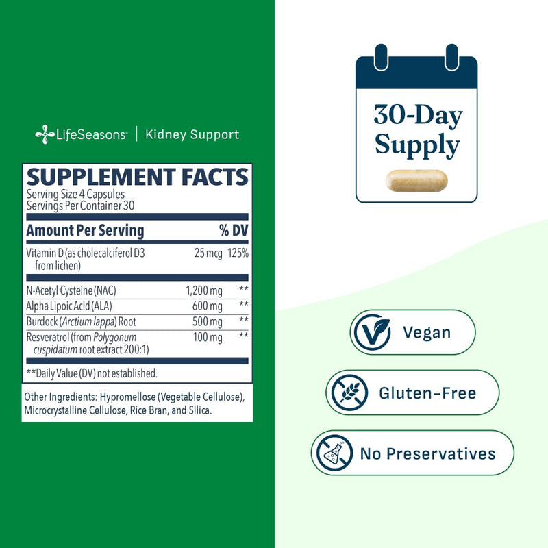 LifeSeasons Kidney Support Supplement – Cellular Protection with NAC, Alpha Lipoic Acid, Resveratrol, Burdock Root & Vitamin D3 – Supports Detox, Oxidative Stress & Renal Function – 120 Capsules