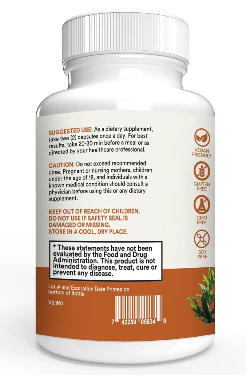 Sea Moss (60 Capsules) with 1405mg of Irish Moss Bladderwrack Burdock Black Pepper Extract Calcium Magnesium Potassium Zinc Selenium Iodine with Vitamins A, B2, C, B9 and K