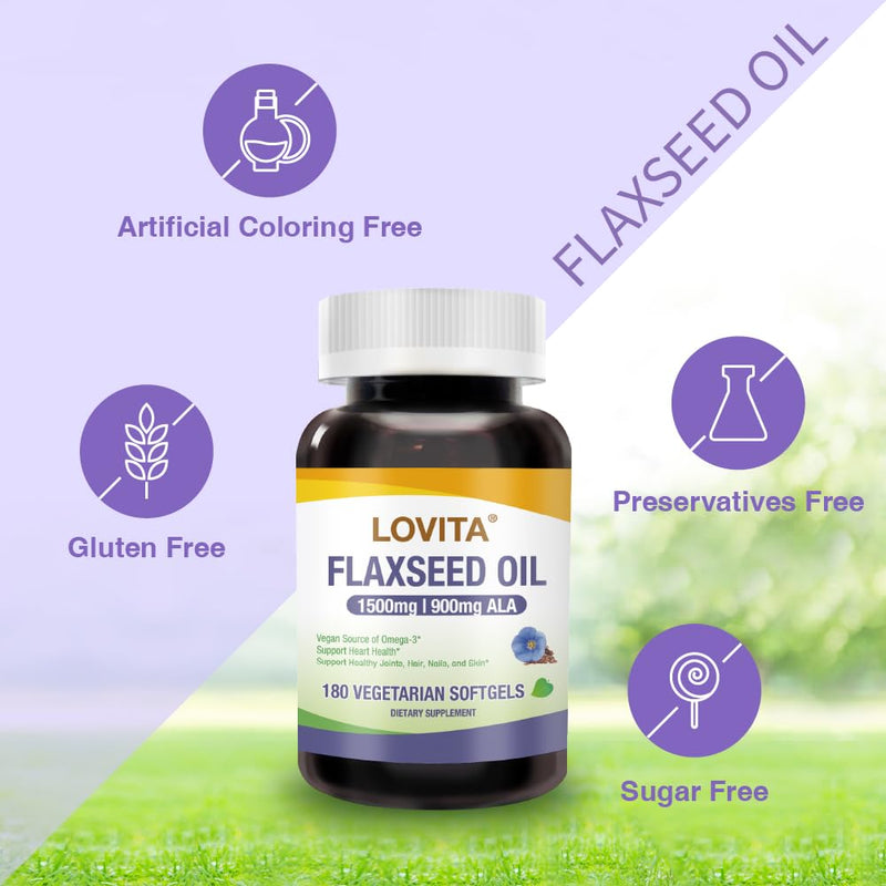 Lovita Vegan Flaxseed Oil 1500mg with 900mg ALA Omega-3 6 9, Cold-Pressed Flax Seed Supplement, Support Heart, Brain, Joint & Skin Health, Non-GMO & Gluten Free, 180 Softgels 180 Count (Pack of 1) Standard Packaging