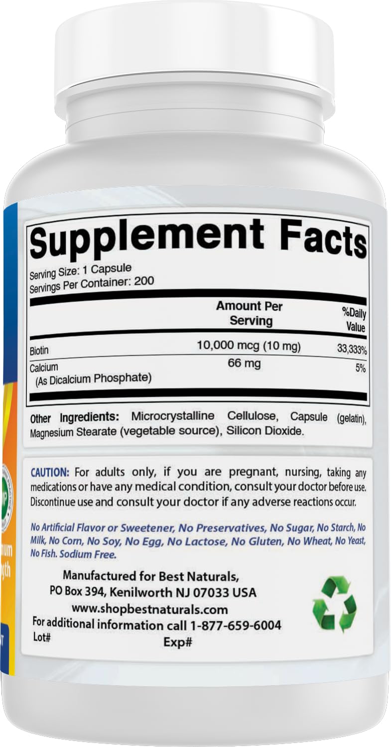 Best Naturals Maximum Potency Biotin 10,000 Mcg for Healthier and Longer Hair Growth Support Formula, 200 Count