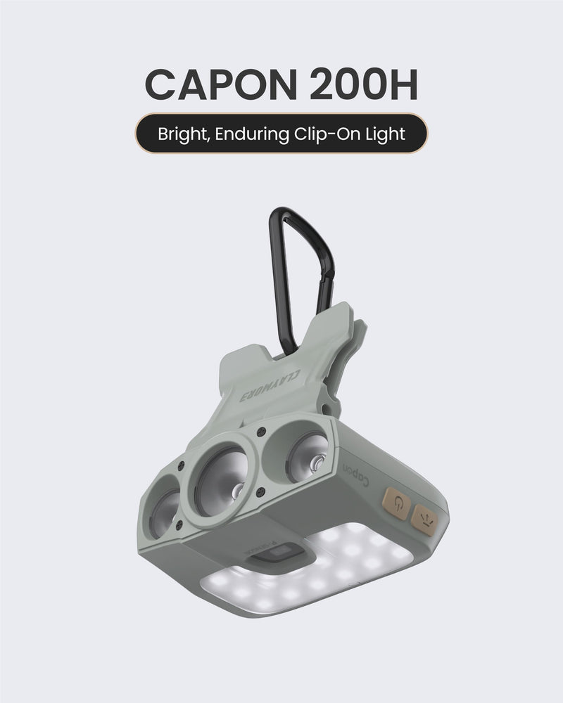 Claymore Capon 200H (Mint Gray) - LED Rechargeable Clip-On Cap Headlamp, Lightweight Hat Light for Camping, Running, Hiking, Emergency & Industrial Use, Waterproof, USB-C, 55 Hours of Battery Life. 200H (Mint Gray) - BeesActive Australia