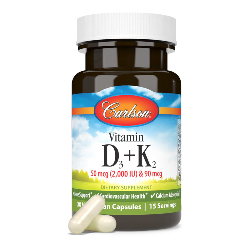 Carlson Vitamin D3 + K2, 50 mcg (2000 IU), Bone Support, 30 Capsules | Vitamin D3 & 90 mcg Vitamin K2 as MK7; Calcium Absorption 30 Count (Pack of 1)