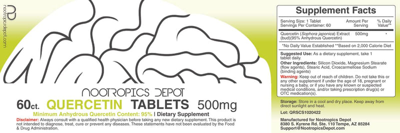 Nootropics Depot Quercetin Tablets | 500mg | 60 Count | 95% Anhydrous Quercetin 1 Count (Pack of 60)